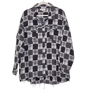 Gilded Intent Womens Patchwork Plaid Shacket Oversized Distressed Hem XL